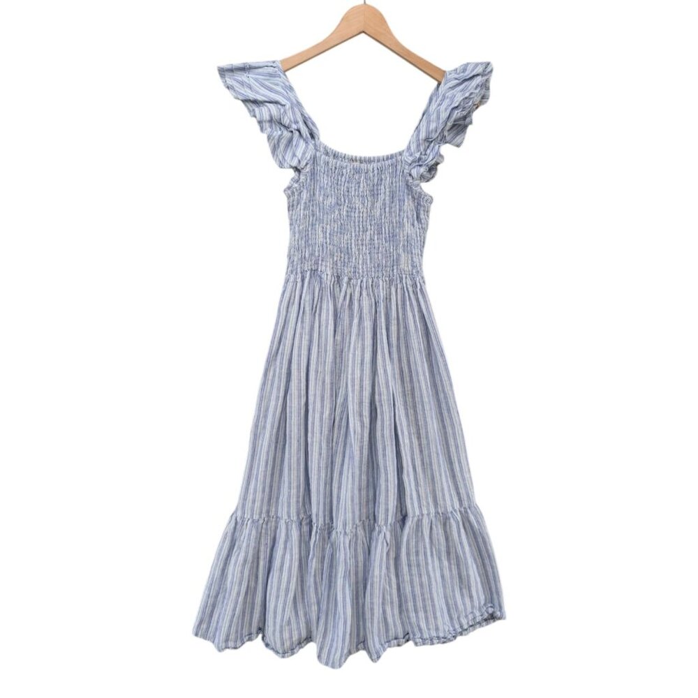 Mille Olympia Smocked Midi Dress Blue White Striped Flutter Sleeve Pockets Sz XS